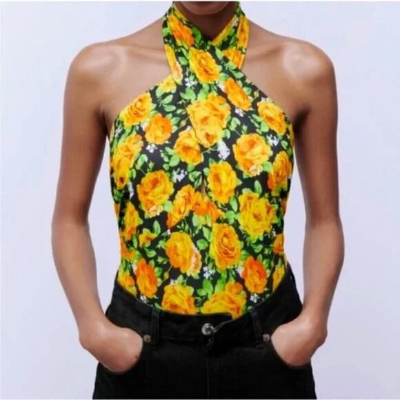 NWT Zara Twist Halter Neck Yellow Floral Bodysuit - Picture 5 of 5